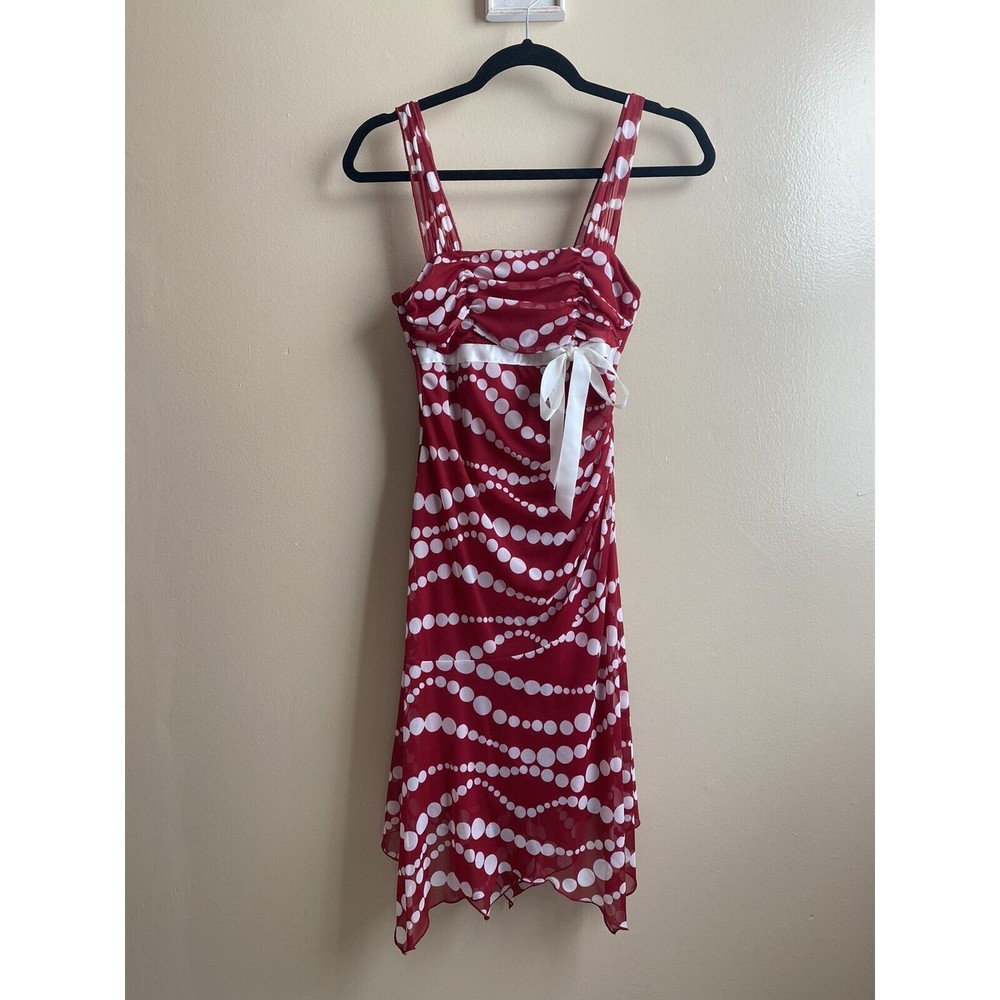 Vintage XOXO 90's Y2K Red Polka Dot Sleeveless Ruffle Knee Length Bow Dress SZ S